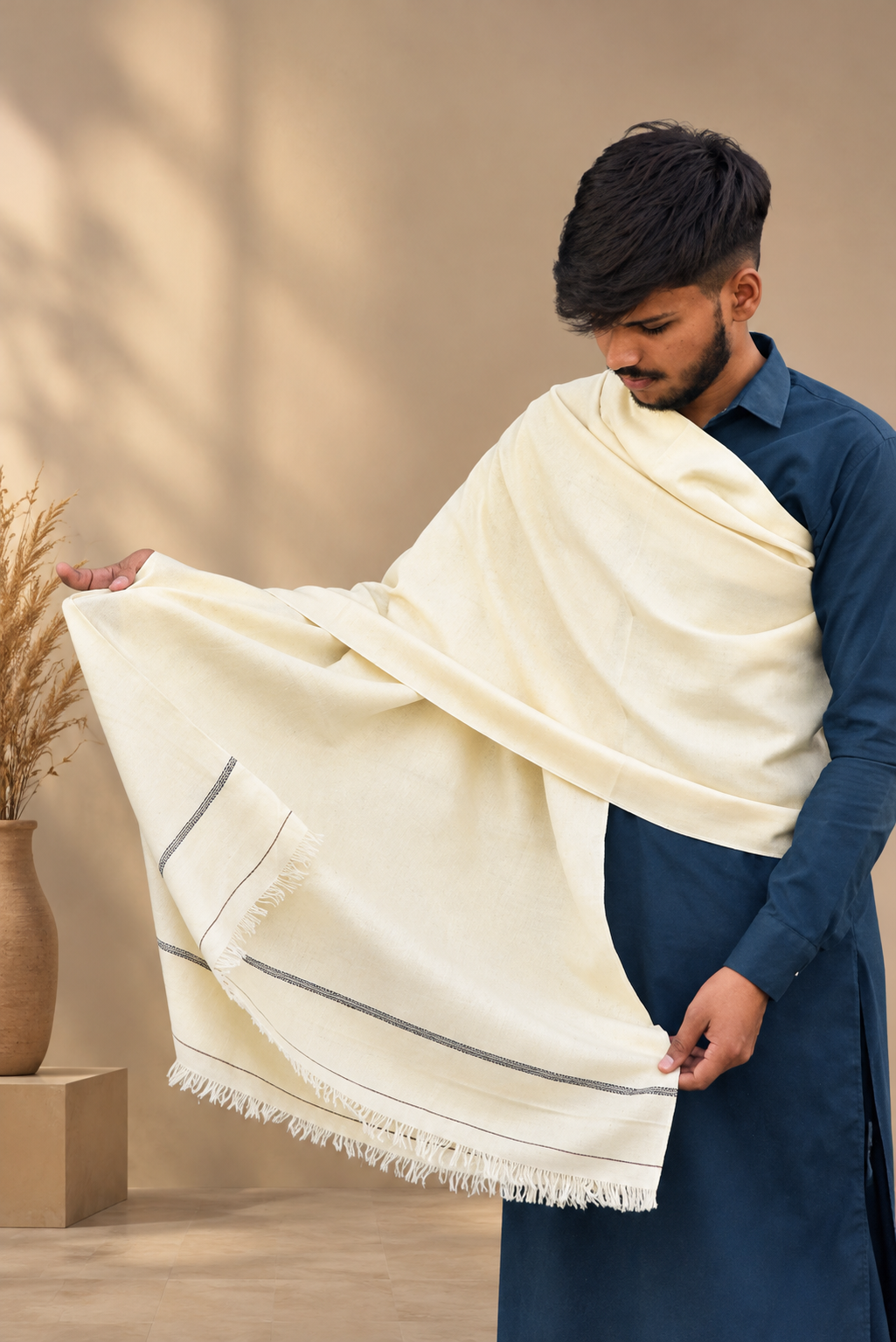 The Legacy Premium Cream Wool-Blend Shawl with Elegant Border
